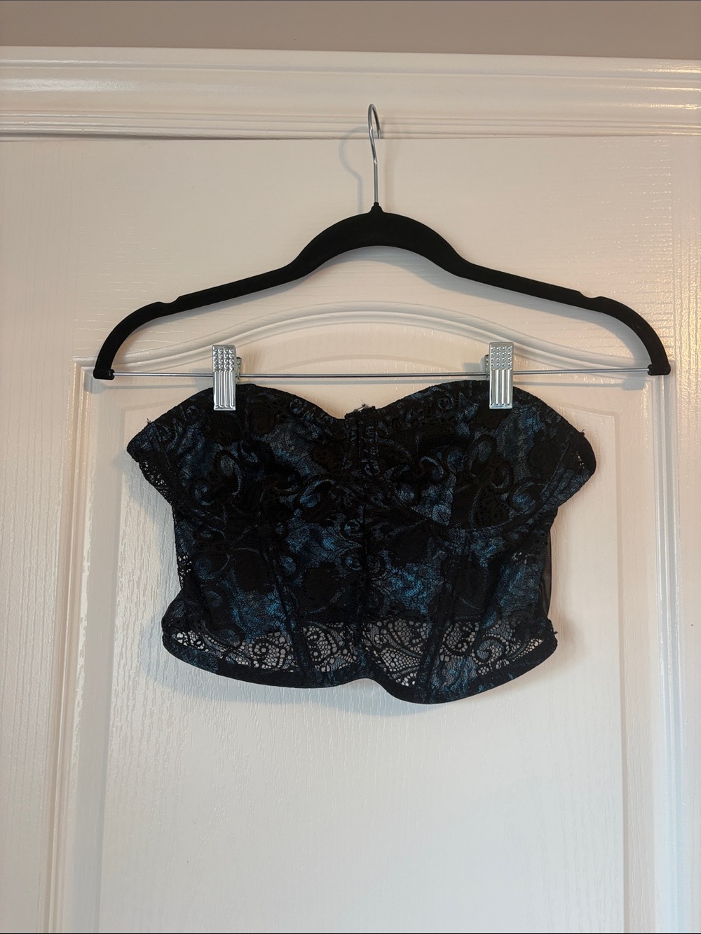 Blue and Black Lace Strapless Bustier Top